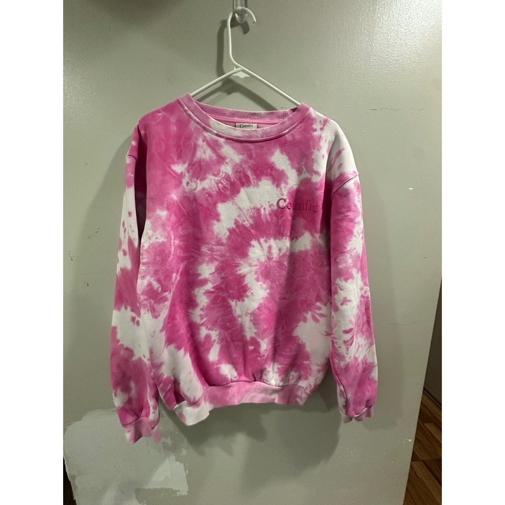 Comfrt Pink Tie Dye Crewneck Sweatshirt Raised Logo Fleece Pullover Small